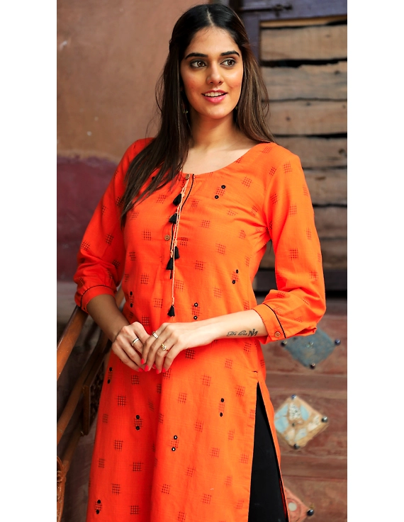 Orange Ikat Cotton Kurta With Hand Embroidery : Lk340A-Xl-2