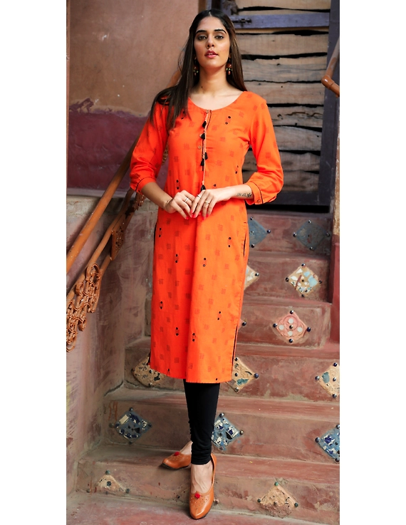 Orange Ikat Cotton Kurta With Hand Embroidery : Lk340A-LK340A-XXl