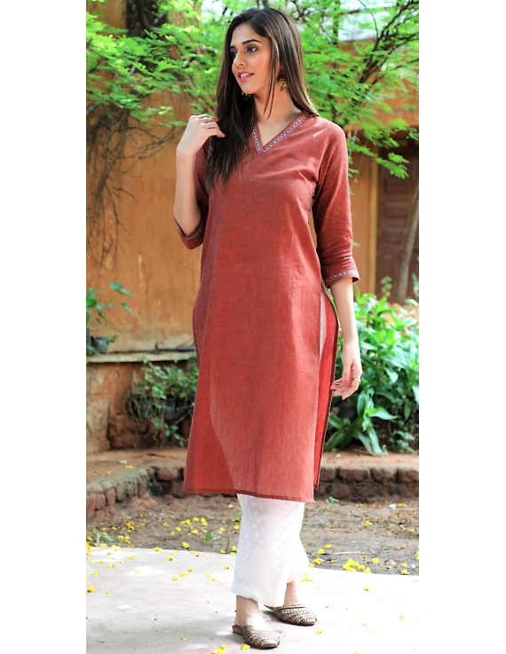 Brown Overlapped V Collar Kurta Lk360B-LK360B-M