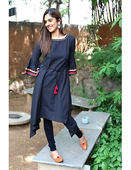 Black Handloom Kurta With Applique Work: Lk380A-LK380A-M-sm