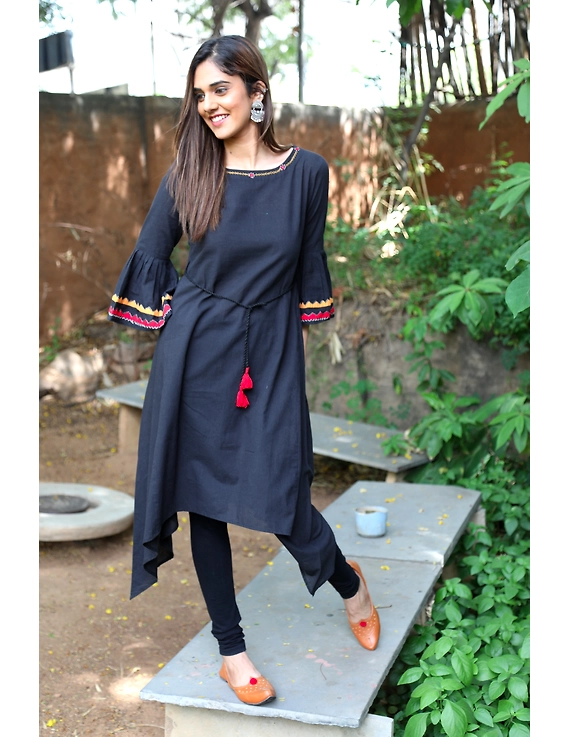 Black Handloom Kurta With Applique Work: Lk380A-LK380A-M