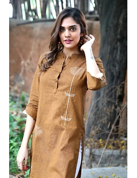 Mustard Mandarin Collar Kurta With Hand Embroidery: Lk400B-S-1-sm