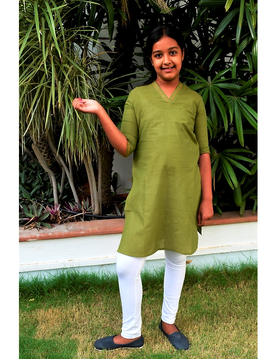 Pista Green Overlapped V Collar Kurta For Girls: Lk365C-LK365C-4-5