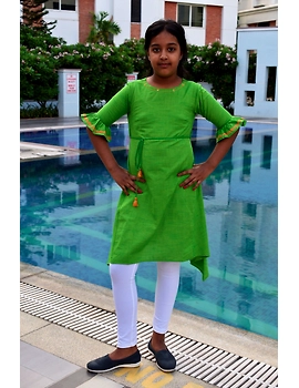 Green Hand Embroidered Kurta With Flared Sleeves: Lk385B-LK385B-8-9-sm