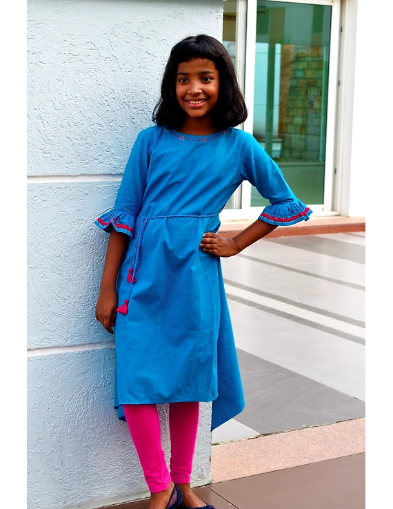 Blue Kurta With Flared Sleeves For Girls: Lk385C-LK385C-10-11