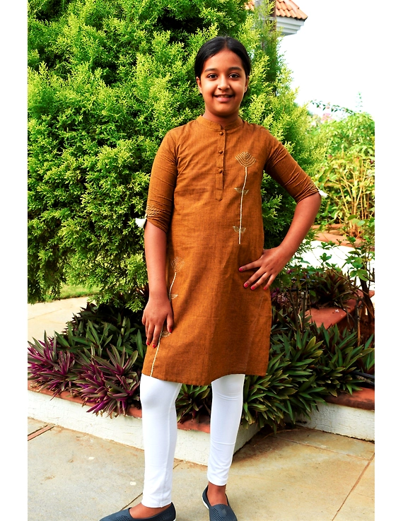 Mustard Mandarin Collar Kurta For Girls: Lk405B-LK405B-10-11