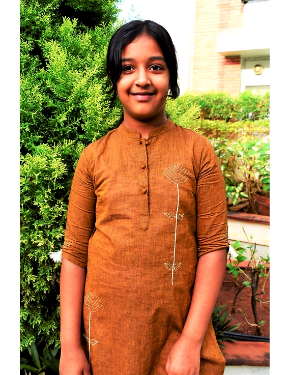 Mustard Mandarin Collar Kurta For Girls: Lk405B-(10-11)-1