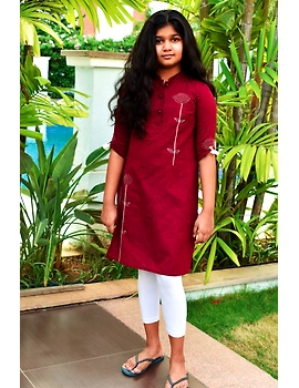 Maroon Mandarin Collar Kurta For Girls: Lk405C-LK405C-6-7-sm