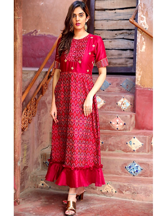 Maroon chanderi and SICO ikat gown with hand embroidery: FV130B-FV130B-S