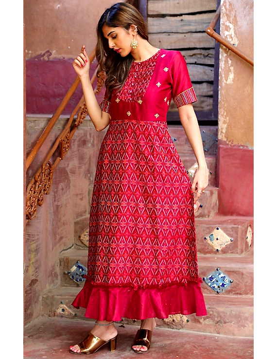 Maroon chanderi and SICO ikat gown with hand embroidery: FV130B-S-2