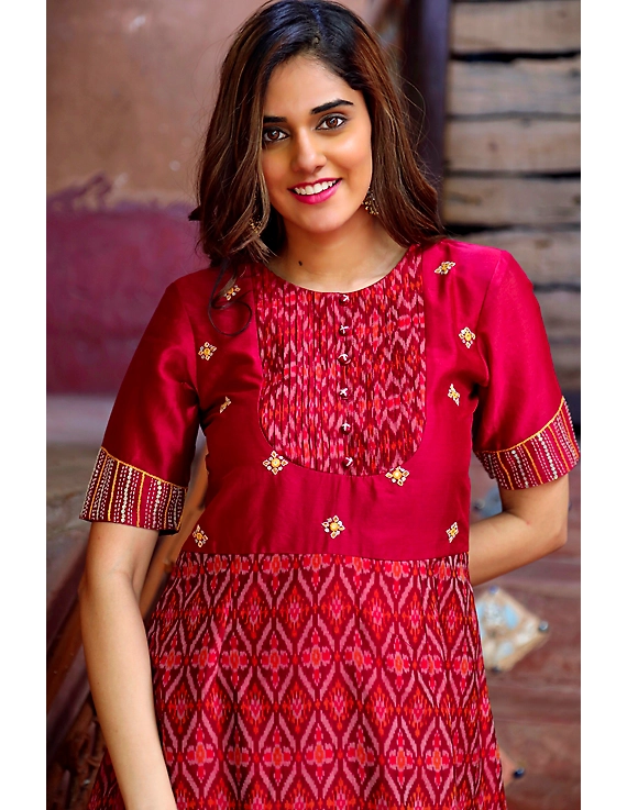 Maroon chanderi and SICO ikat gown with hand embroidery: FV130B-S-1