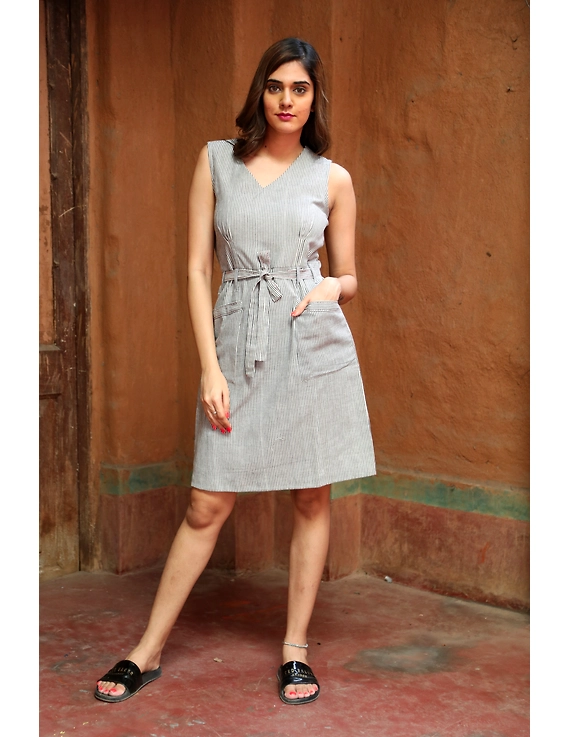 Knee length narrow striped dress in handloom cotton:LD470B-LD470B-XL