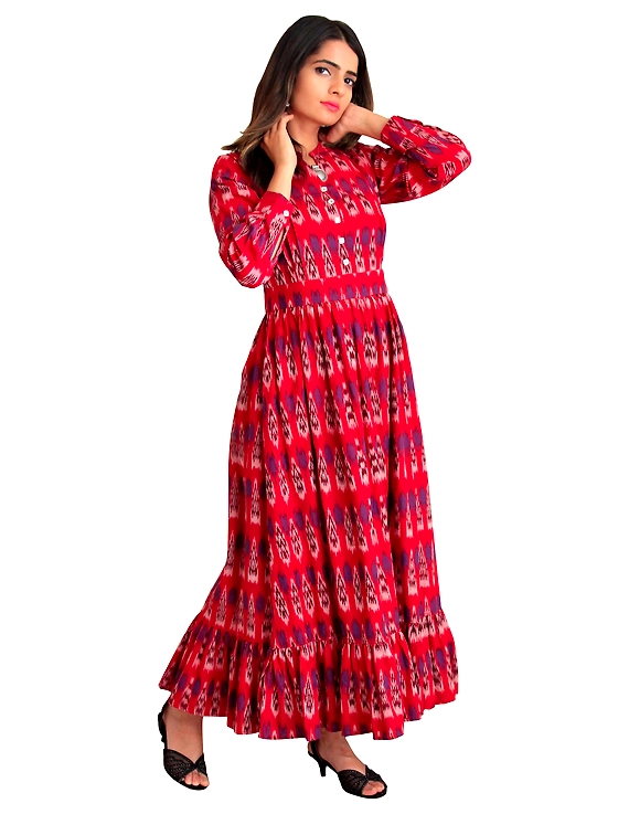 LONG DRESS IN RED IKAT COTTON FABRIC WITH TIMELESS FRILLS : LD440C-LD440C-L