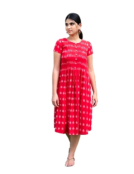 Red ikat calf length dress with pintuck yoke: LD520A-S-4-sm