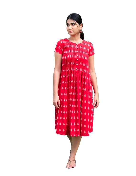 Red ikat calf length dress with pintuck yoke: LD520A-S-4