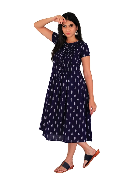 Dark blue ikat calf length dress with pintuck yoke: LD520C-S-4