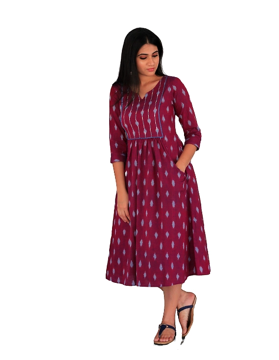 Dark purple ikat dress with embroidered yoke and front pockets: LD530A-S-4