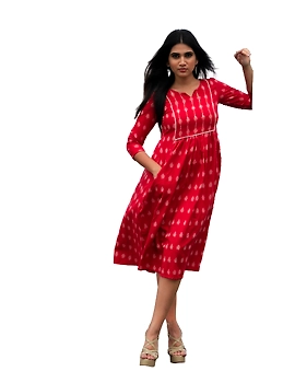 Red ikat dress with embroidered yoke and front pockets: LD530B-M-3-sm