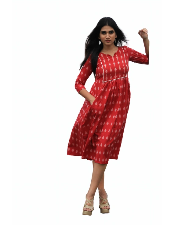 Red ikat dress with embroidered yoke and front pockets: LD530B-M-3