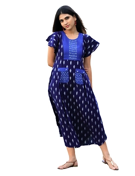 BLUE IKAT PLEATED DRESS WITH EMBROIDERED POCKETS AND YOKE: LD550B-L-4-sm