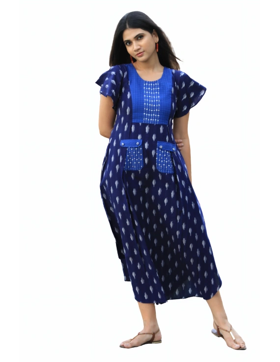 BLUE IKAT PLEATED DRESS WITH EMBROIDERED POCKETS AND YOKE: LD550B-XXL-4