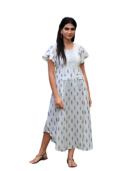 WHITE IKAT PLEATED DRESS WITH EMBROIDERED POCKETS AND YOKE: LD550C-XL-3-sm