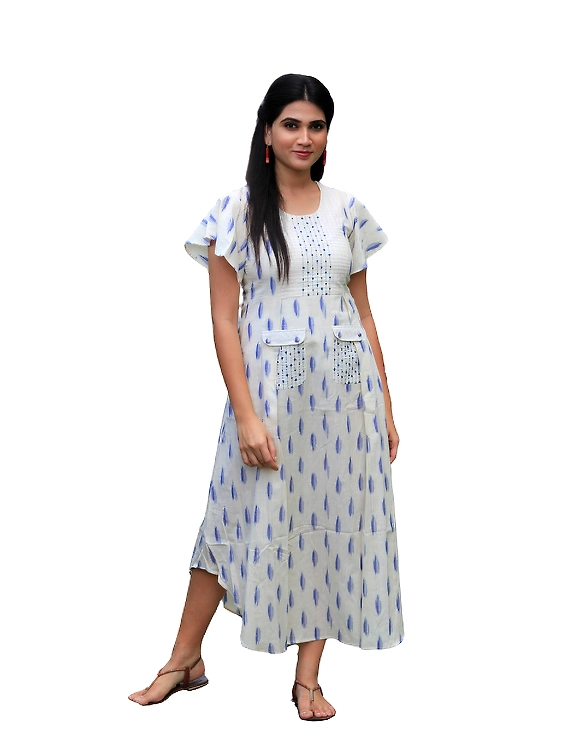WHITE IKAT PLEATED DRESS WITH EMBROIDERED POCKETS AND YOKE: LD550C-XL-3