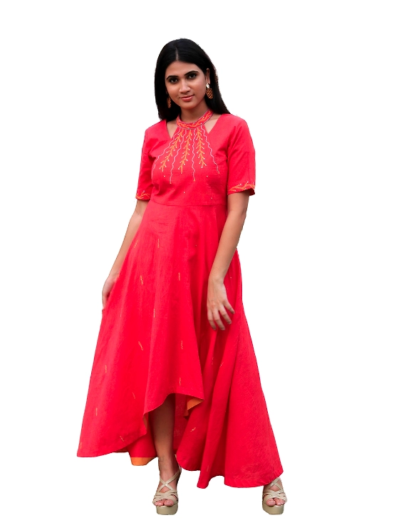 Pink handloom cotton high low long dress with halter neck and hand embroidery: LD590A-S-4