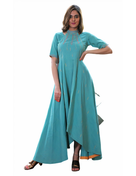 Sea green handloom cotton high low long dress with halter neck and hand embroidery: LD590B-L-4