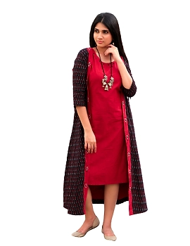 Red mangalagiri cotton straight dress with an ikat long jacket: LD 600A-XXL-5-sm
