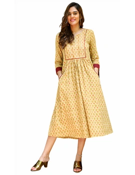 Mustard Yellow Kalamkari Dress With Sequins: Ld630B-M-3-sm