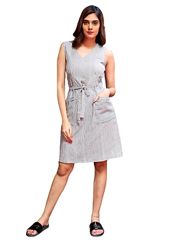 Knee length narrow striped dress in handloom cotton:LD470B-M-3-sm