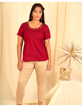 Maroon cotton short top with round neck-LB150B-LB150B-sm