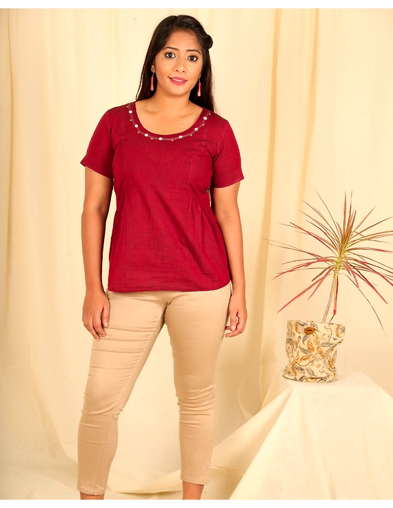 Maroon cotton short top with round neck-LB150B-LB150B