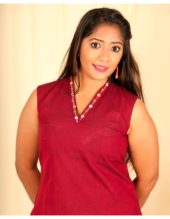 Maroon cotton short top with embroidered V neck-LB160B-S-1