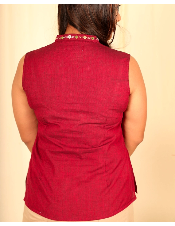 Maroon cotton short top with embroidered V neck-LB160B-S-2
