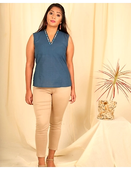 Indigo blue cotton short top with embroidered V neck-LB160D-LB160D-S-sm