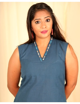 Indigo blue cotton short top with embroidered V neck-LB160D-S-1-sm