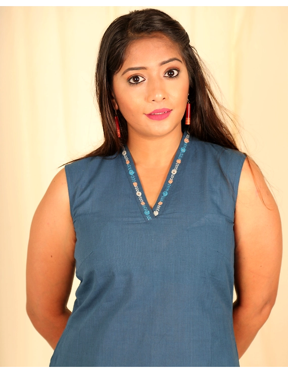 Indigo blue cotton short top with embroidered V neck-LB160D-S-1