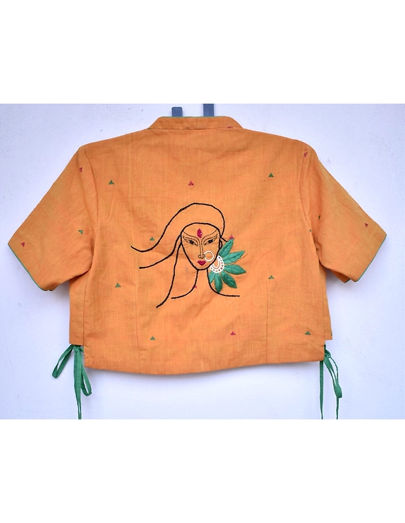 Orange handloom blouse with side ties and embroidery on back-RB10B-S-1