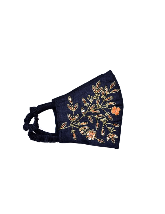 Pure silk mask with zardosi hand embroidery: ZM3-Black-1