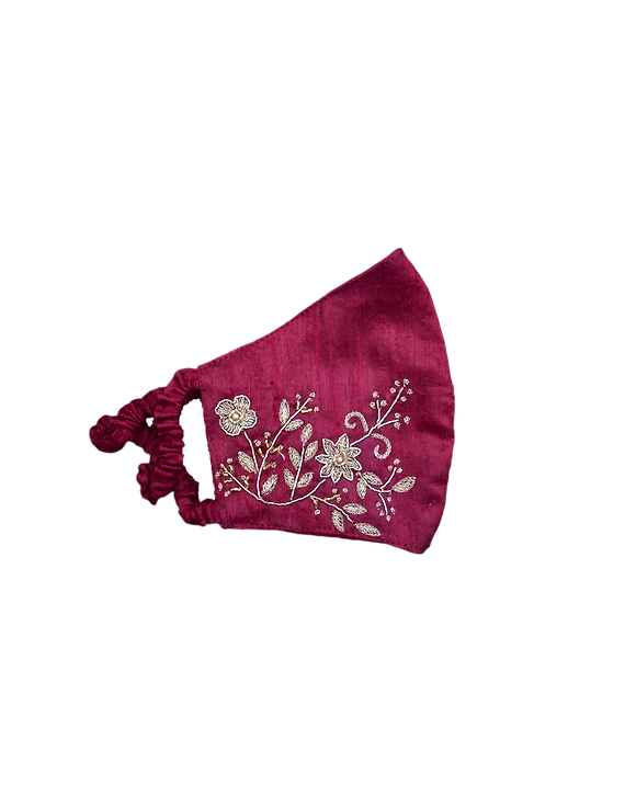 Pure silk mask with zardosi hand embroidery: ZM2-Maroon-1