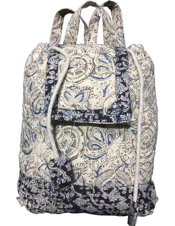 Quilted blue and black kalamkari backpack bag: VBPS04-1
