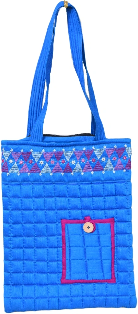 BLUE SILK QUILTED TOTE CUM LAPTOP BAG WITH HAND EMBROIDERY: TBA01-1