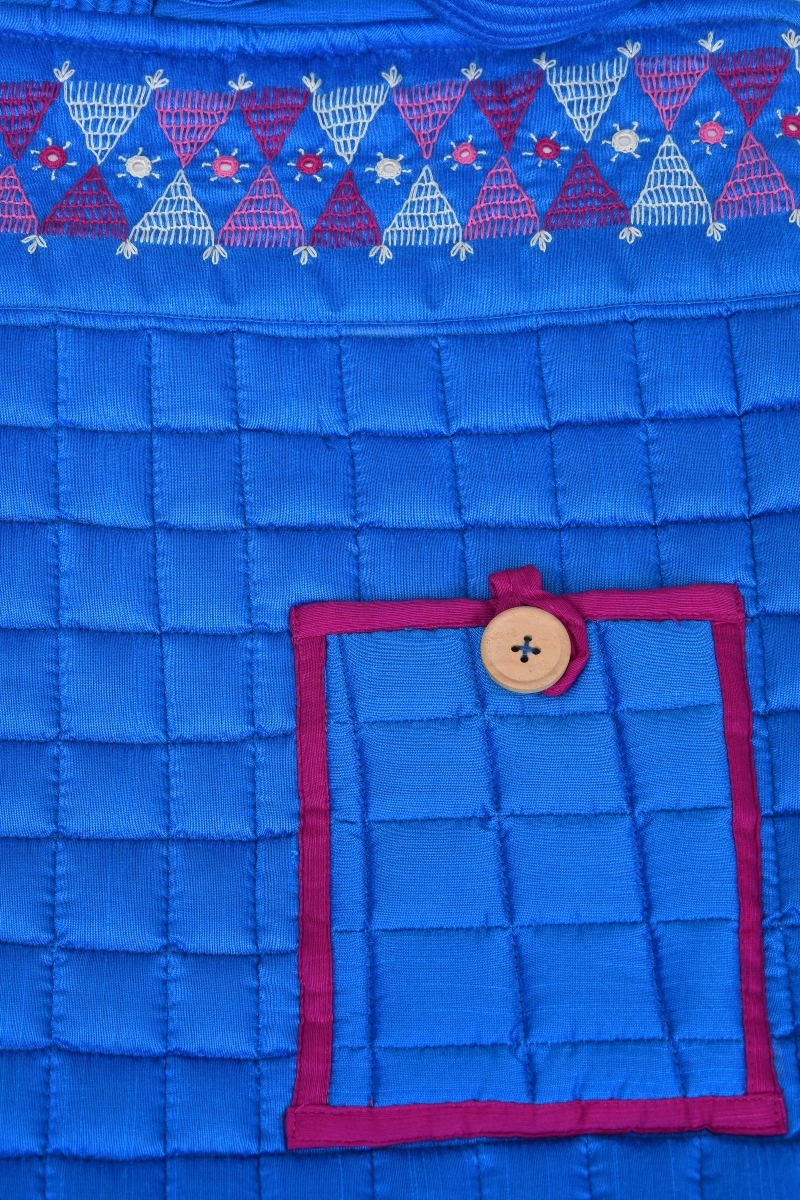 BLUE SILK QUILTED TOTE CUM LAPTOP BAG WITH HAND EMBROIDERY: TBA01-3