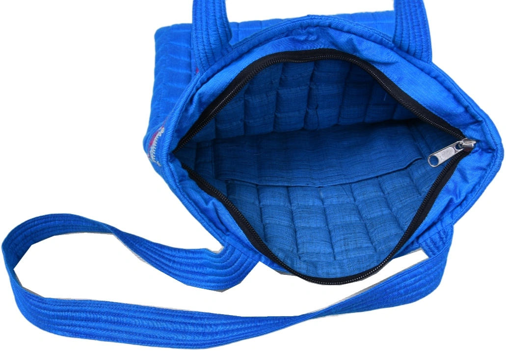 BLUE SILK QUILTED TOTE CUM LAPTOP BAG WITH HAND EMBROIDERY: TBA01-4