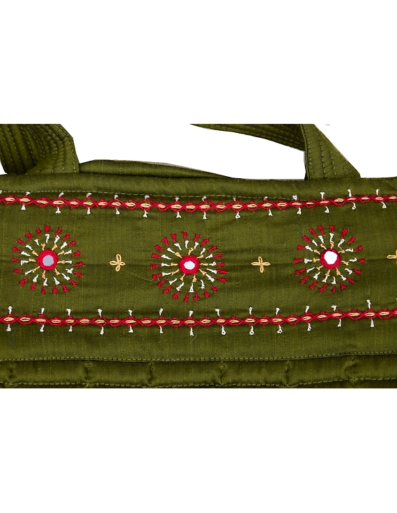 MUSTARD GREEN SILK QUILTED TOTE CUM LAPTOP BAG WITH HAND EMBROIDERY: TBA02-3