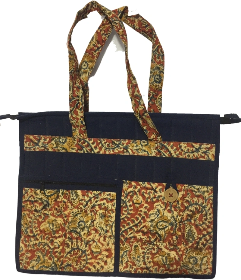 Jute and kalamkari laptop bag - blue : LBJ02-1