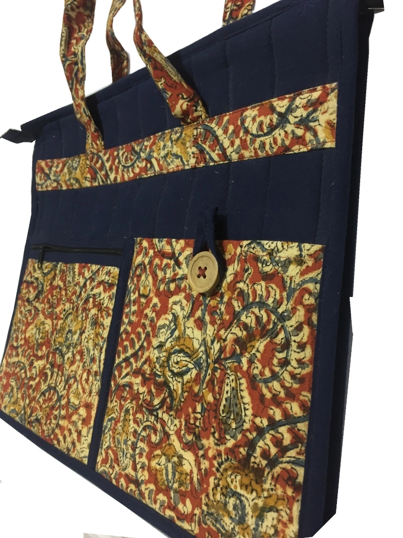 Jute and kalamkari laptop bag - blue : LBJ02-3