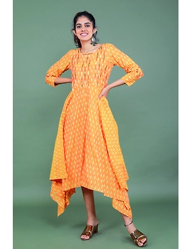 Golden yellow semi silk ikat dress with a handkerchief hem: LD500C-LD500C-M-sm